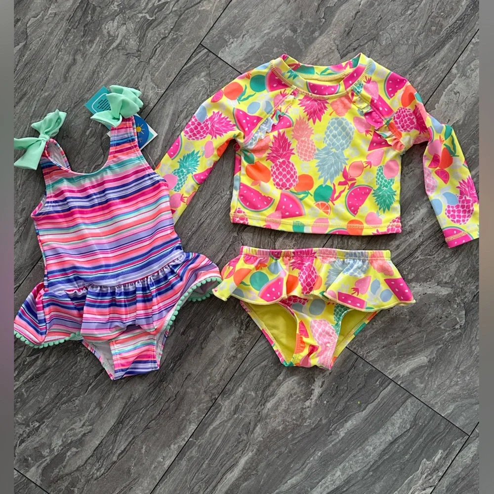 Girls Neon Pineapple Swim Set + Striped One-Piece - Bright Yellow &‎ Pink LOT